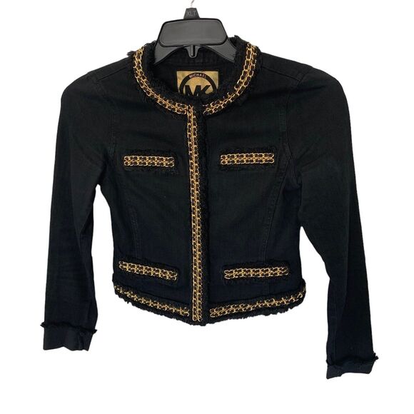 Michael Kors Black Denim Gold Chain Fringe Detailed Designer Short Blazer Sz 0 - Picture 1 of 4